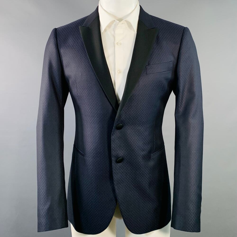 EMPORIO ARMANI Size 40 Navy Black Textured Wool Silk Sport Coat